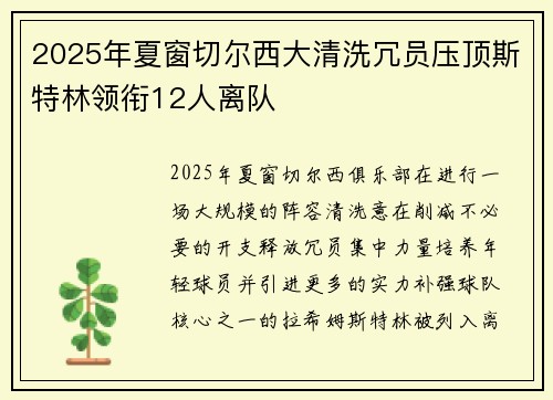 2025年夏窗切尔西大清洗冗员压顶斯特林领衔12人离队 2025年夏窗切尔西大清洗冗员压顶斯特林领衔12人离队